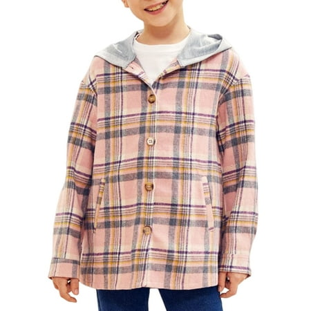 

Tymidy Girls Cute Flannel Plaid Hoodie Long Sleeve Button Down Jacket Shirts Coat