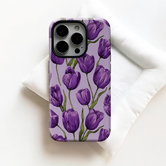 Purple Tulip Floral Tough Case for Apple iPhone, Dual-Layer Polycarbonate TPU Protective Phone Cover