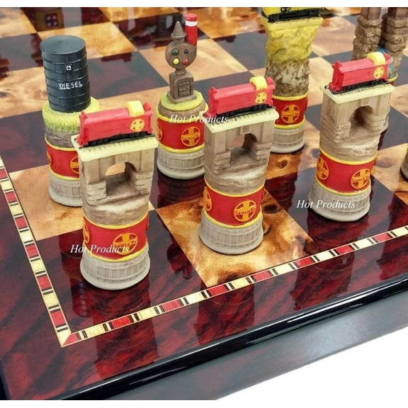 BNSF Santa Fe Railroad TRAIN Chess Set W 18" Gloss Cherry Color Board Trains