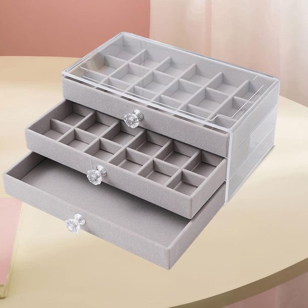 Joyero de tela de terciopelo con 3 cajones, organizador de pulseras y accesorios, elegante estuche de acrílico de 23 x 13 x 10 cm para pendientes. Gris