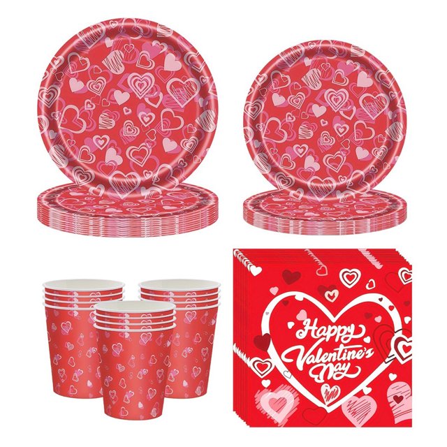 Danhjin Vaisselle Jetable Ensemble de Vaisselle Jetable Rouge Décoration de Fête à Thème de la Saint-Valentin Plateau en Papier Jetable Ensemble de Gobelets en Papier de Soie