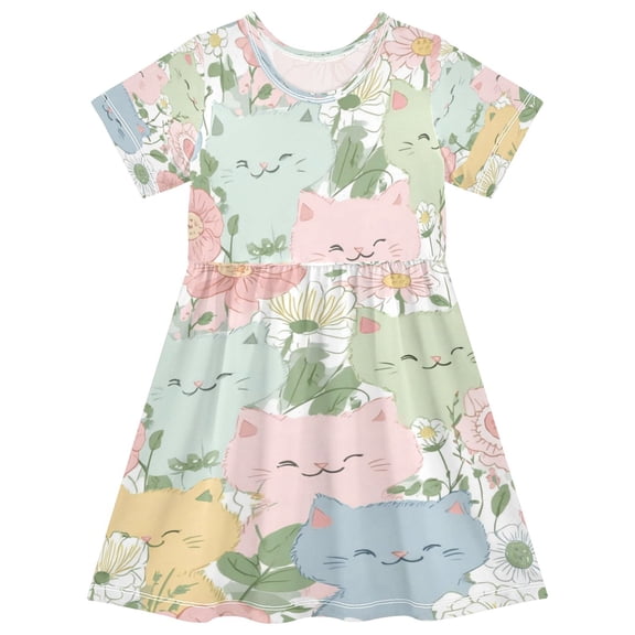 Girls Short Sleeve A-Line Dress Pastel-colored Cats and Flowers Play Dress Sizes 2T