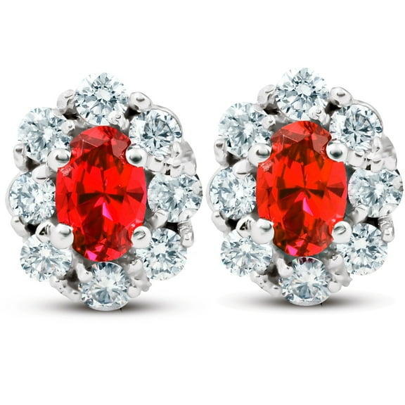 Pompeii 3 Ct Ruby & Diamond Halo Studs 14k White Gold (H/I,I1)