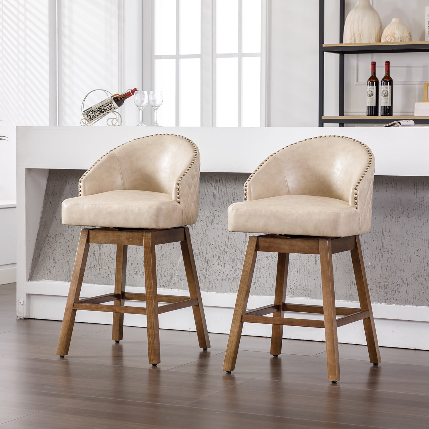 Demi Bonn 39" Counter Height Bar Stools Set of 2, PU Leather Upholstered Swivel Barstools with Backrest, Kitchen Island Countertop Chairs for Dining Room, Beige