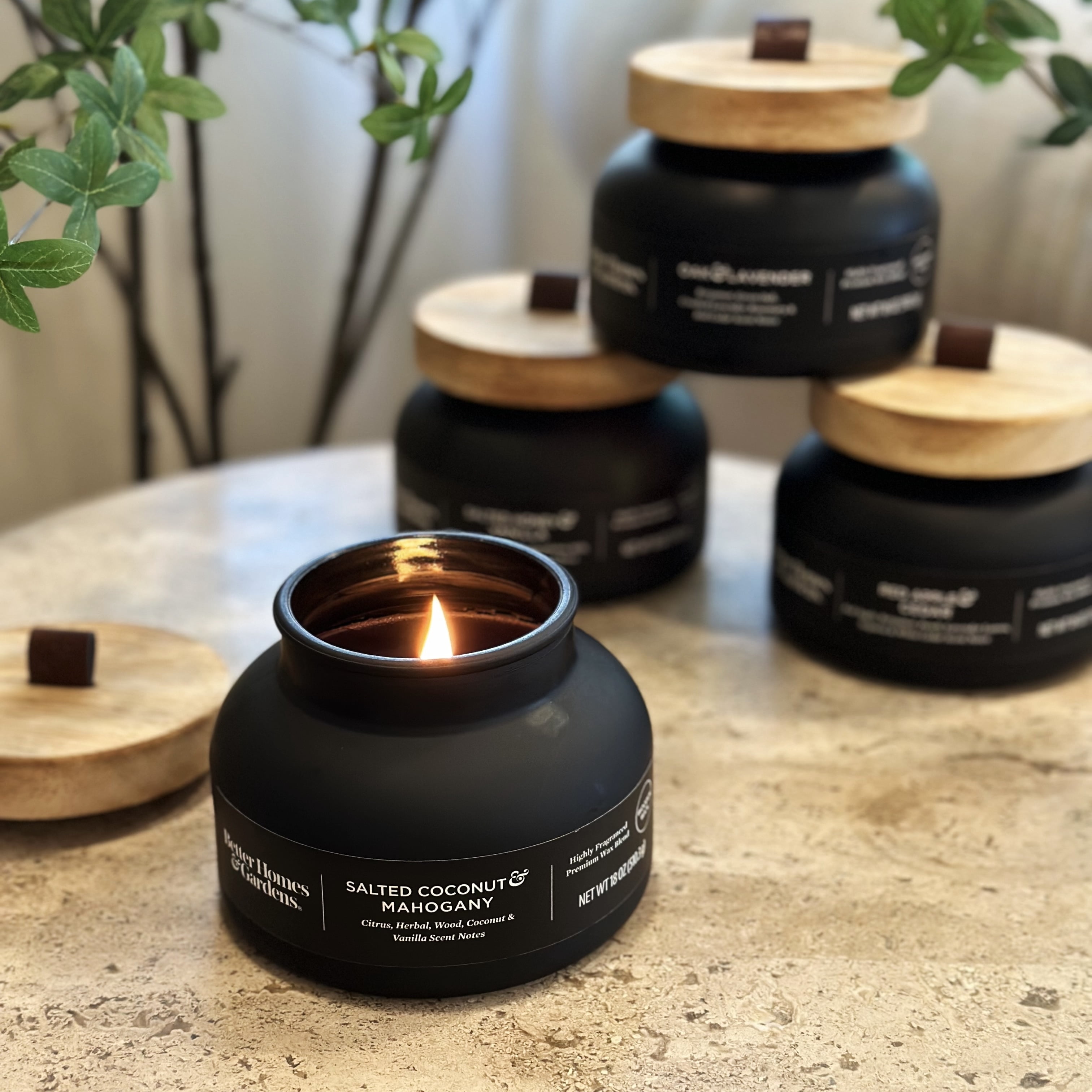 (4 pack) Better Homes and Gardens Salted Coconut Mahogany Scented Wooden Wick Bell Jar Candle 18oz.