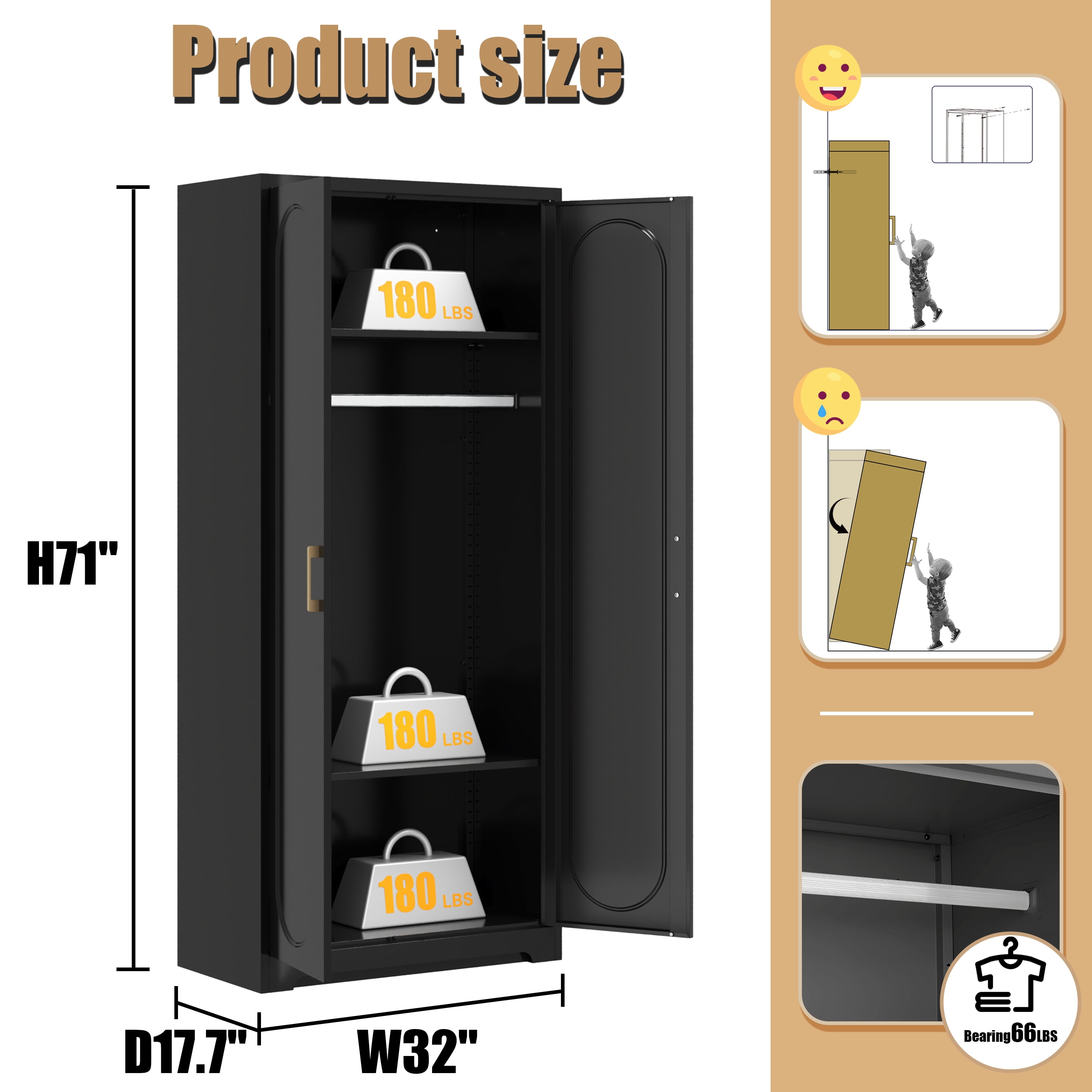 Polup 71" H Modern Steel Sturdy Armoire Cabinet with Shelves and Hanging Rod, Adult Bedroom Wardrobe Closet with Doors