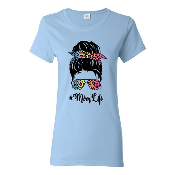 Mom Life Messy Hair Bun | Tie Dye Leopard Print Bandana | Funny Mother's Day Mother's Day Womens T-Shirt, Light Blue, M