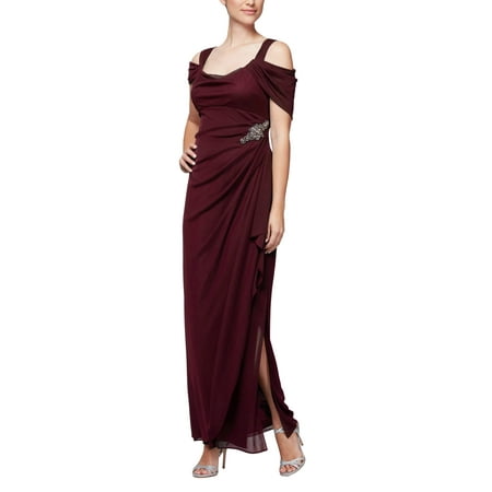 Womens Alex Evenings Embellished Cold Shoulder Column Gown- 8/Burgundy