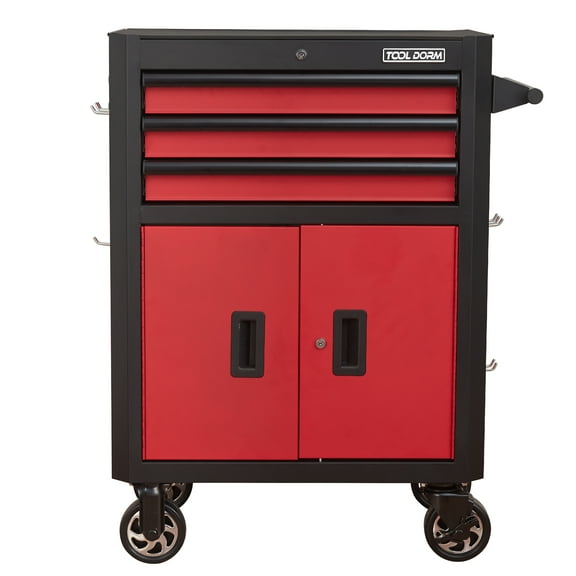 28inch Tool Cabinets Rolling Toolbox with 3 Drawers, Metal Tool Chest with Wheels, one Room with Two Door, Black and Red Color, Tool Cart for Garage, Warehouse, Repair Shop, Workshop