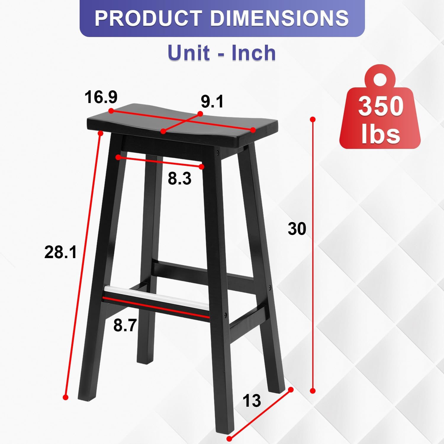 FDW Bar Stools Set of 2 for Kitchen Counter Solid Wooden Saddle Stools 30-Inch Height (Black, 30 in)