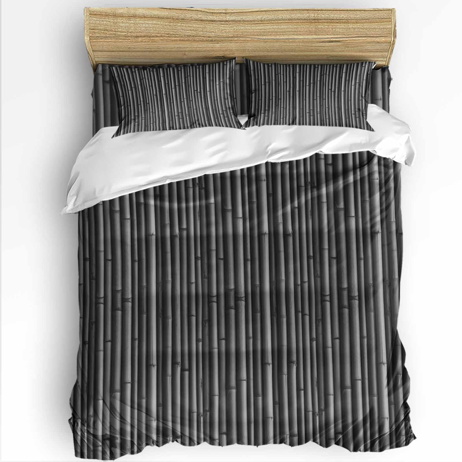 Black Bamboos Queen Duvet Cover Set, Natural Vintage Bamboos Tree Plant Image 4 Piece Microfiber Bedding Set with Zipper Closure, Bed Sheet and 2 Pillow Shams, Soft Bedding Cover