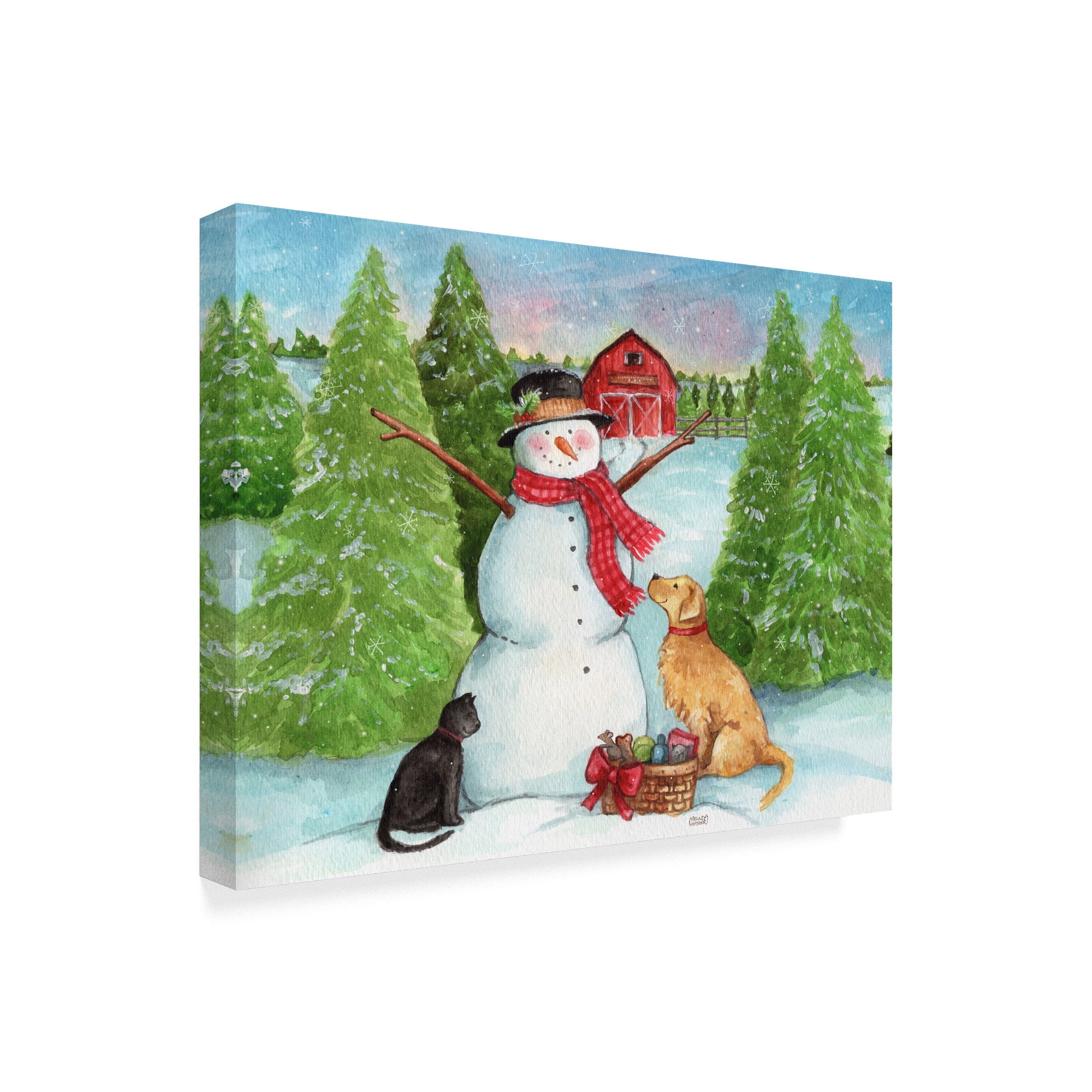 Trademark Fine Art 'Snowman Dog And Cat Farm Horizontal' Canvas Art by Melinda Hipsher
