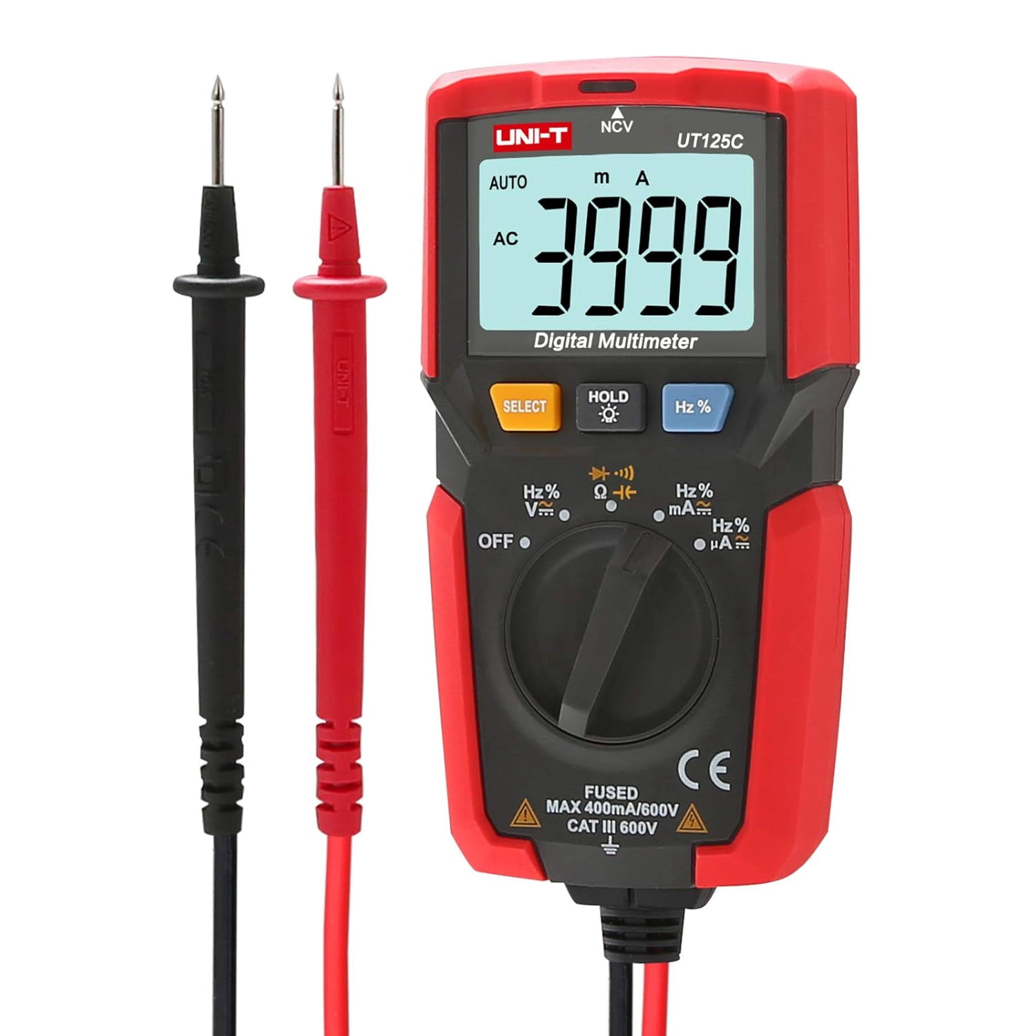 CATPAN UT125C Digital Multimeter Pocket Multi Tester, 4000 Counts AC DC Voltage AC DC Current Resistance Capacitance Frequency Duty Cycle NCV Diode Test Continuity Test Data Hold Auto Power Off