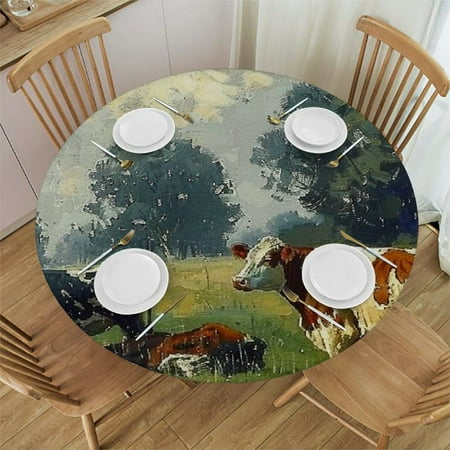

Sheronv Cows Trees Field Round Table Cover Stain Resistant Washable Indoor Outdoor Tablecloth Kitchen Dining Wedding Parties Picnic Camping 100% Polyester Fiber 46-50