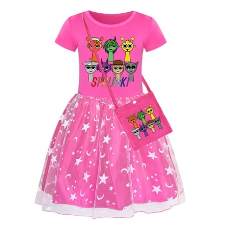 Sprunki Rhythm Box Girl Skirt Dress Children s Round Neck Pure Cotton Short Sleeve Lace Mesh Dress Half Skirt+Bag Two Piece Set  Suitable for Children 4-10 Years Old