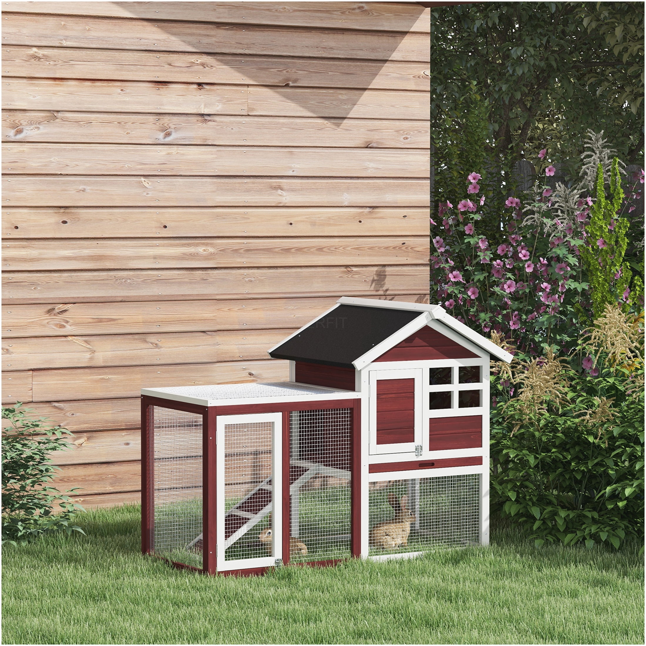 JERFIT 48 Inch Outdoor Rabbit Hutch with Waterproof Roof, Removable Tray, Ramp & Run for 2 Rabbits, Wooden Bunny Cage House, Brown
