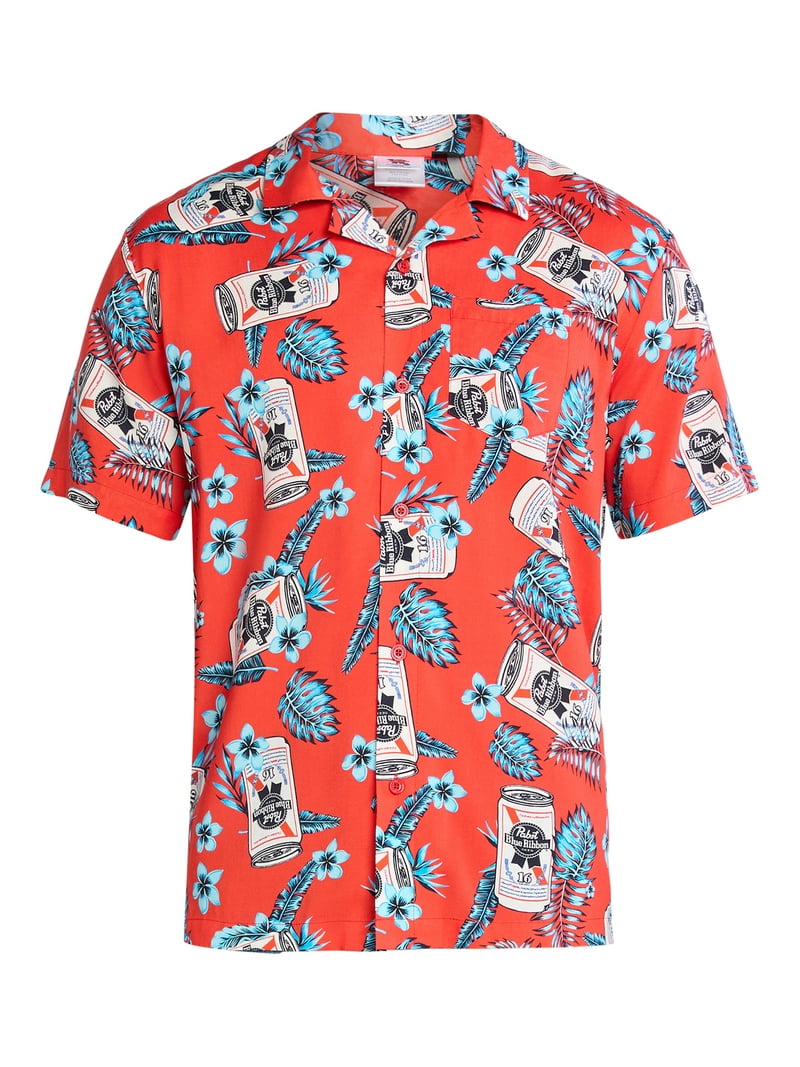 Pabst Blue Ribbon Men's Print Button Up Shirt with Short Sleeves