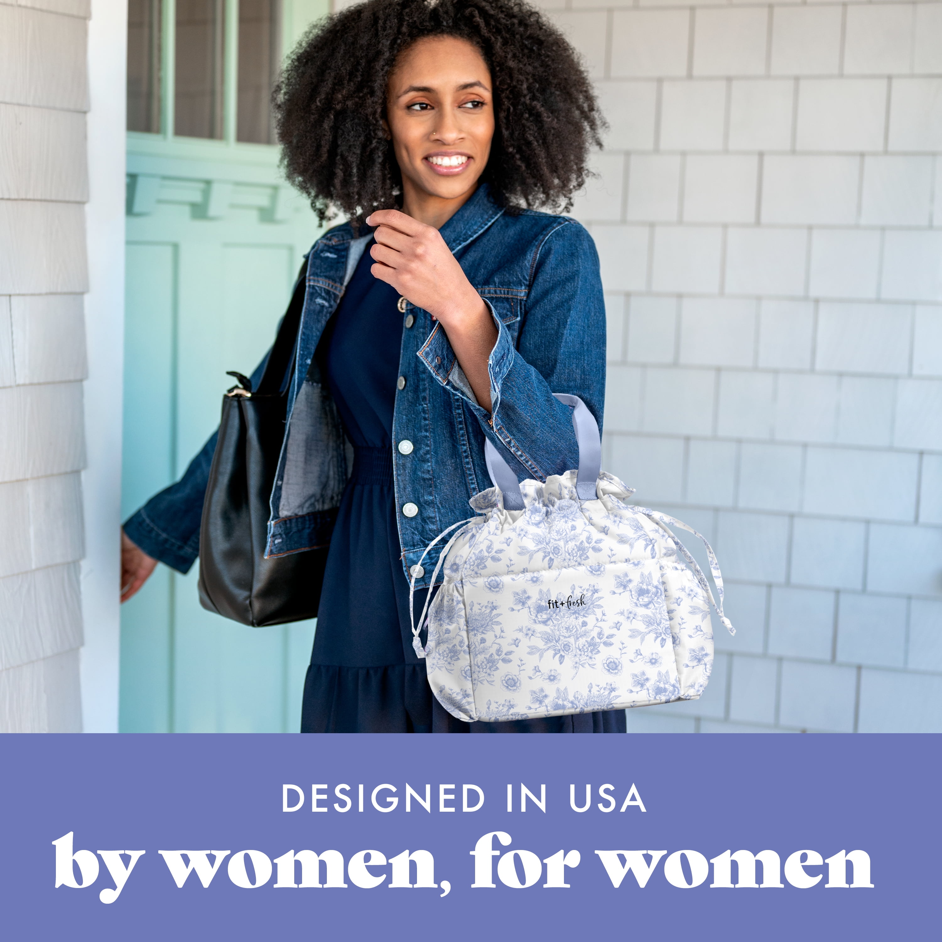 Fit + Fresh Cromwell Women's Lunch Bag, Cinch Closure Lunch Box With Containers, Cornflower Toile