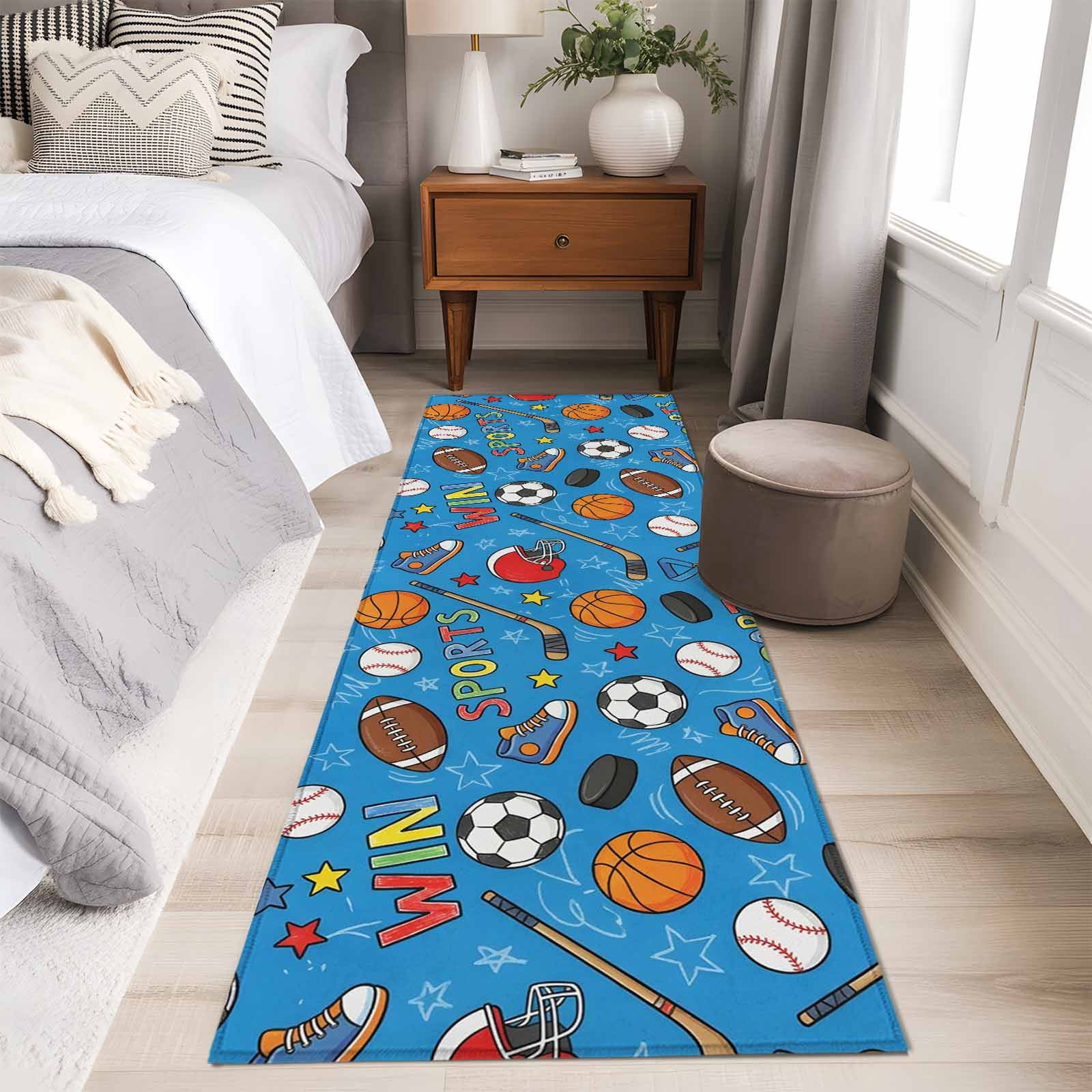 Blue Sports 2'x6' Runner Rugs for Hallway Kitchen Bedside Non Slip Washable, Football Basketball Rugby Baseball Entryway Rug Runners with Rubber Backing, Long Carpet Runner for Laundry Room