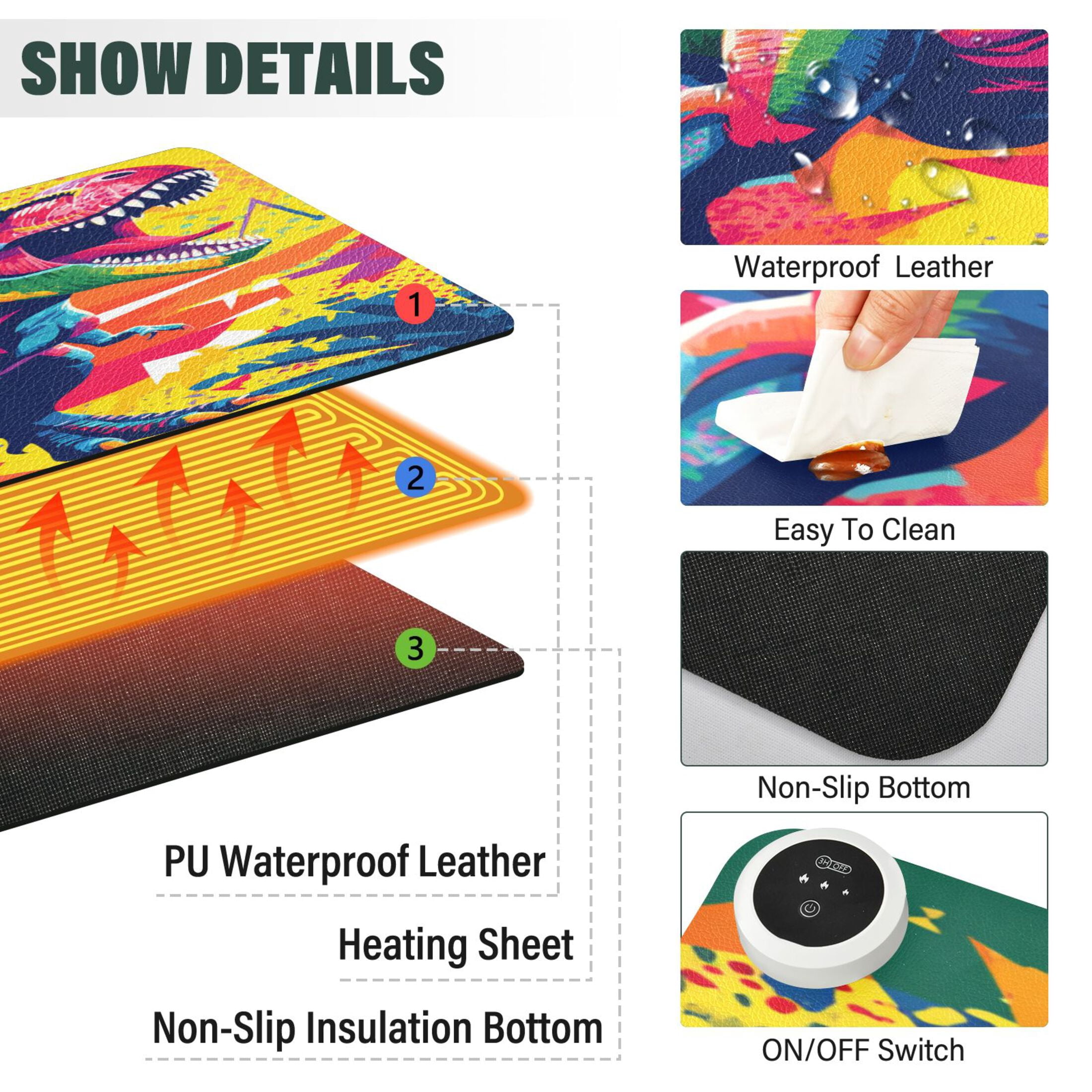 Large Heated Desk Mat Mouse Pad 31.5"x13"PU Leather Graphene Heating Desk Warmer with 3 Temperature Settings 110V US Plug Non-Slip Warm Pad for Home, Office, and Gaming Bold Tropical Dino Design