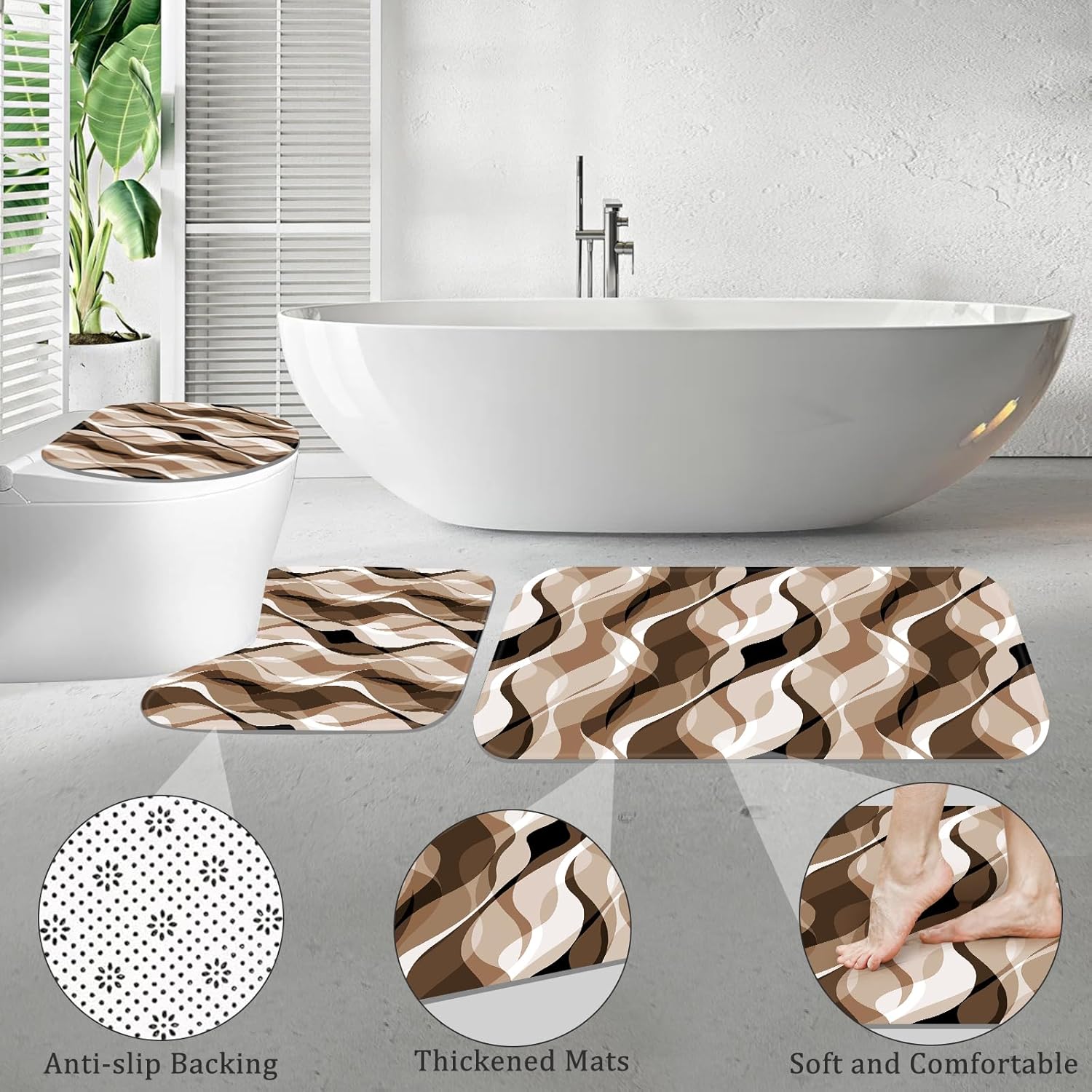 4PCS Navy Blue Bathroom Sets with Shower Curtain and Rugs, Abstract Striped Shower Curtain Sets with Rugs, Modern Luxury Bathroom Curtains Shower Set Accessories