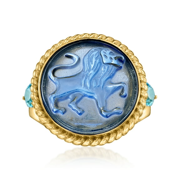 Ross-Simons Italian Tagliamonte Blue Venetian Glass Lion Ring With 1.00 ct. t.w. Swiss Blue Topaz in 18kt Gold Over Sterling, Women's, Adult