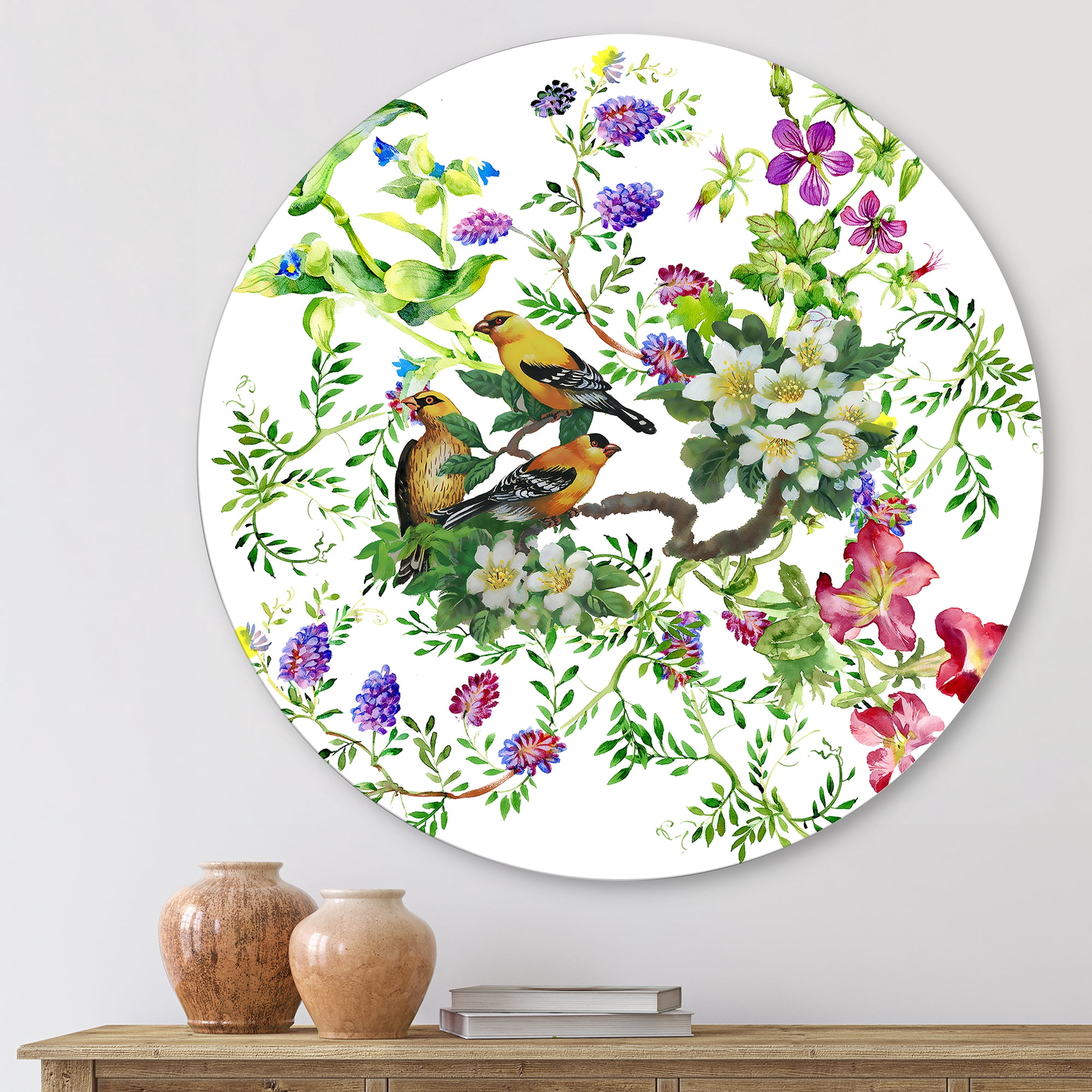 Designart 'Tropical Birds Sitting On Blooming Tree' Traditional Circle Metal Wall Art 23x23 - Disc of 23