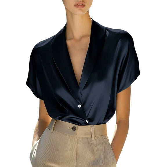 Ygbgbb Women's Satin Shirts Elegant Tops Short Sleeve V Neck Button Down Blouse Lightweight Comfy Casual Shirts for Office Work & Party Navy S