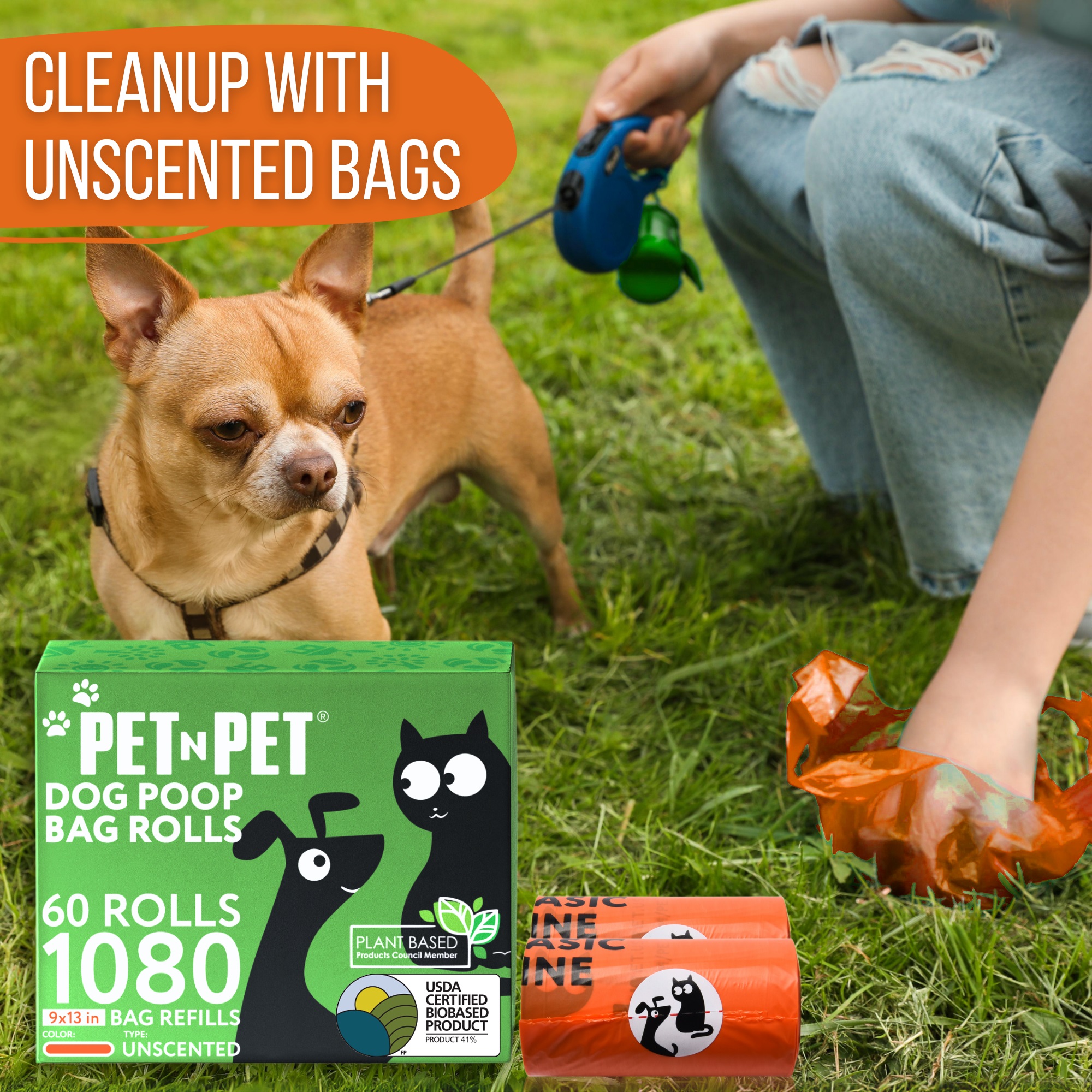 PET N PET Dog Poop Bags, 1080 Count, Unscented, 41% Plant-Based USDA Certified, Leak-Proof Dog Waste Bags, 8 x 15 Inches, Orange
