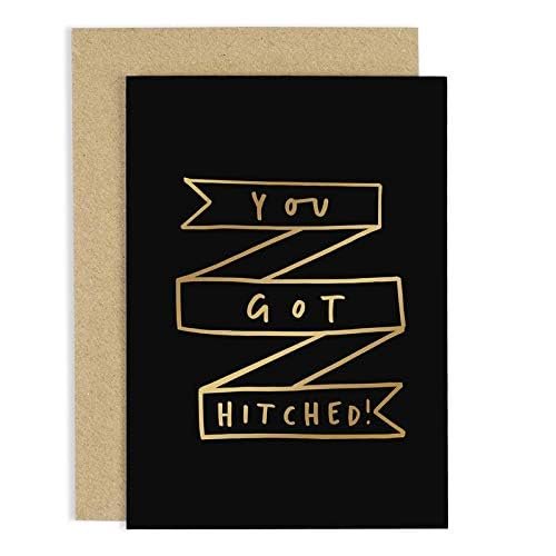 Tarjeta de boda Old English Co. You Got Hitched con foil dorado