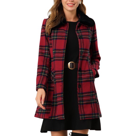 INSPIRE CHIC Women's Plaid Winter Faux Fur Collar Outerwear Long Coat