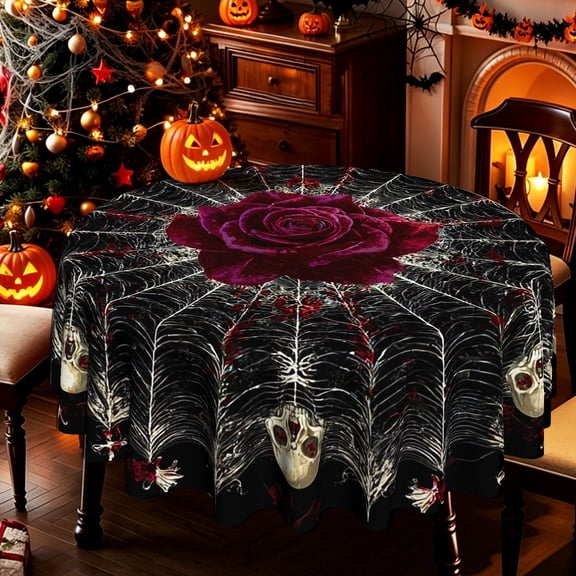 Dark Gothic Burgundy Rose Skull Spider Web 2D Print Round Tablecloth, Spooky Halloween Party Decor for Kitchen Dining Room Patio Holiday Decor