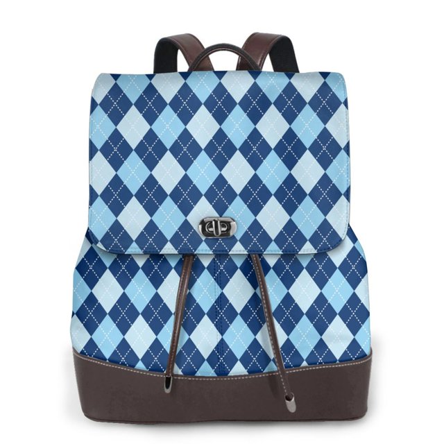 Balery Blue Squares Mochila de Cuero para Mujeres, Gran Capacidad, Bolsa de Viaje Multifuncional, Mochila de Cuero y Bolsa de Hombro para Mujeres