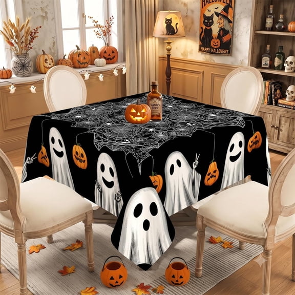 54x54inch/60x60inch,Small Square Halloween Tablecloth , Fabric Spider Web Ghost Black Halloween Table Cloth Square Tablecloths Table Cover for Party Decorations