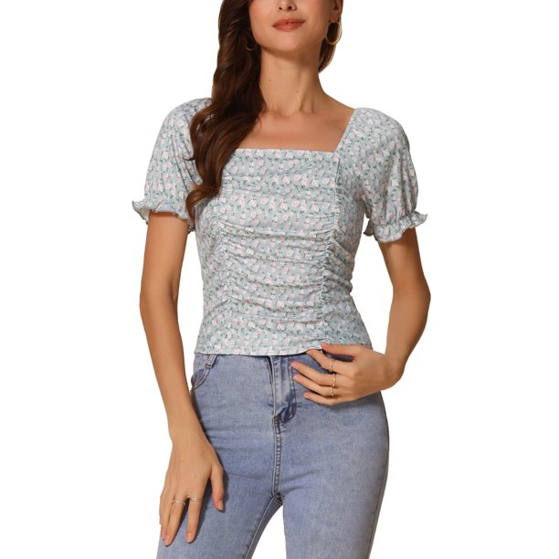 INSPIRAR CHIC Blusa corta con fruncido elegante para mujeres de ajuste delgado con estampado floral verde S