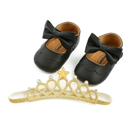 

Franhais 2Pcs First Walker Shoes Set Baby Soft-Soled Pre-Walker with Bowknot + Crown Headband