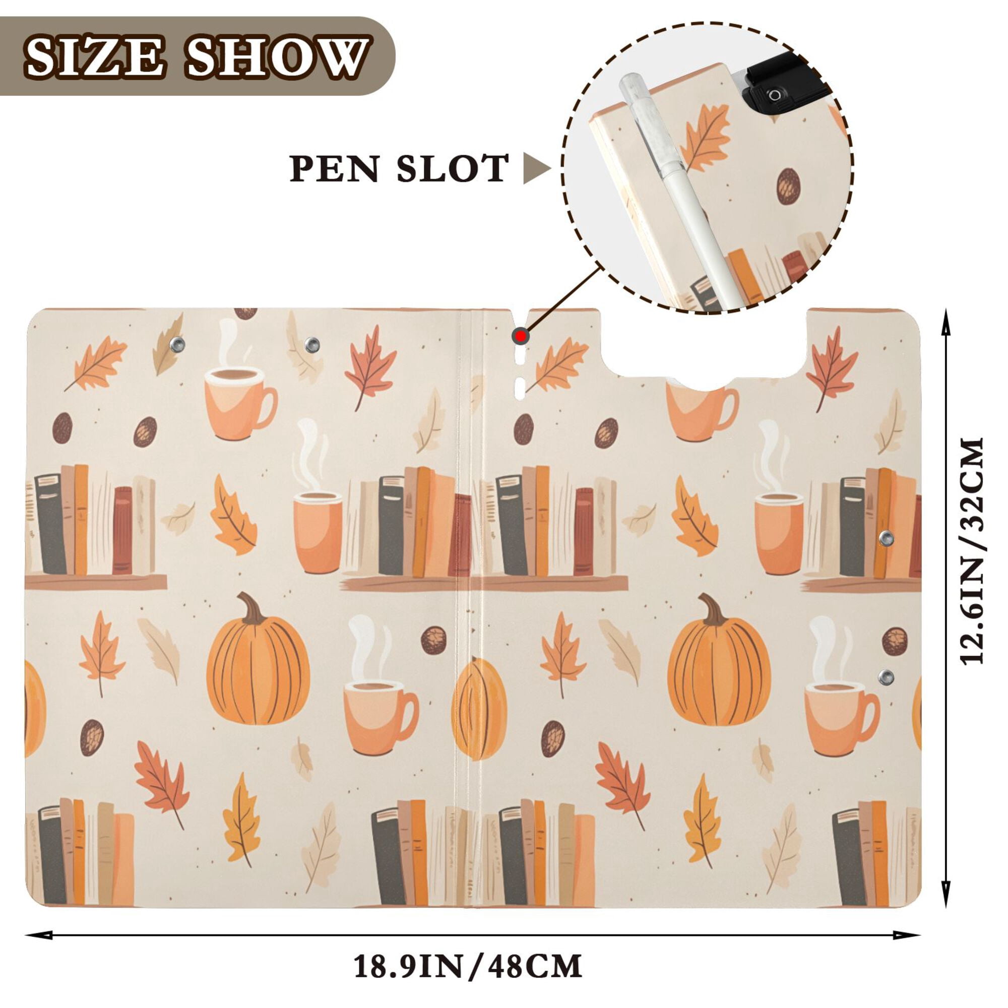 FORMRS A4 Clipboard Folder with Pen Holder Horizontal Foldable School Office Binder, Beige Fall Acorns Pattern