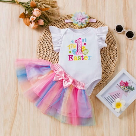 

Cathalem Girl Baby Outfit Toddler Infant Girls Easter Day Fly Sleeve Letter Prints Romper Bow Tie Net Cute Pants for Teens Girls A 18-24 Months