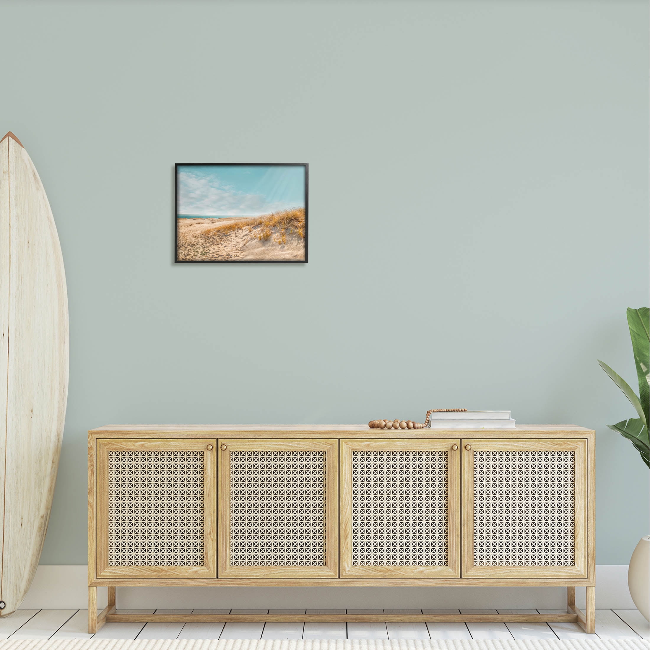 Sandy Ocean Beach Sun Rays Coastal Photograph Black Framed Art Print Wall Art