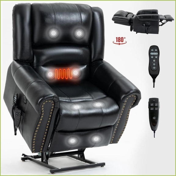 Recliners Power Lift Chair with Heat Massage, Dual Motor Infinite Position, USB Ports, 350 LBS Capacity | Genuine Leather | Black