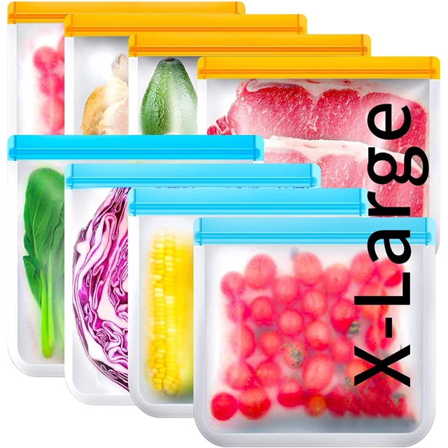 Sacs Réutilisables pour Congélateur Gallon, Lot de 8, Très Grands, Sans BPA, Sacs à Sandwich et Collations Réutilisables, Extra Épais, Sacs de Rangement Étanches pour Aliments, Mariner la Viande, Fruits, Articles de Toilette
