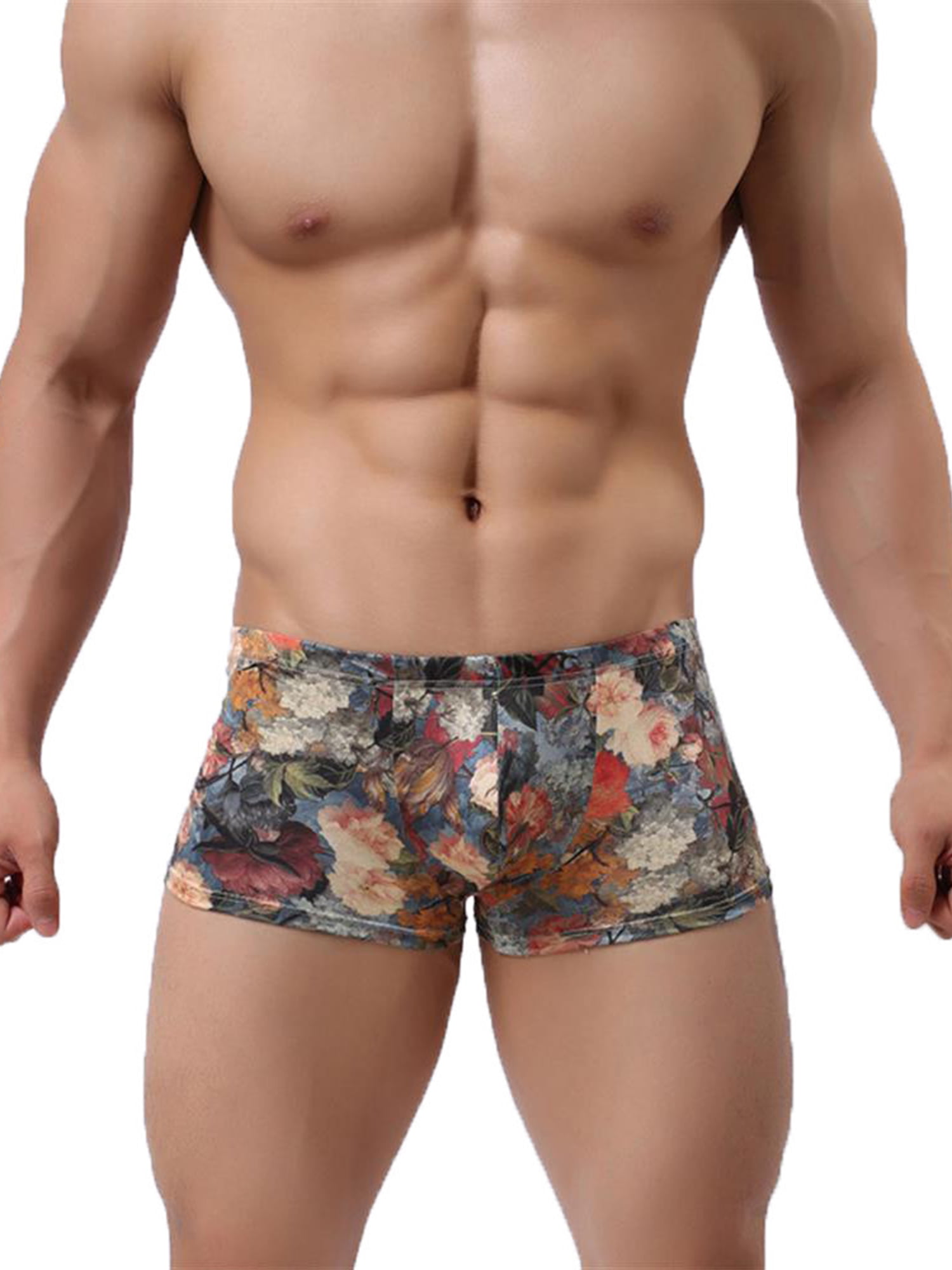 KAMAMEN Mens Sexy Floral Print Low Waist Boxer Briefs Underwear Penis Bulge  Pouch Thin Boxers Shorts Underpants Panties Pink XL 