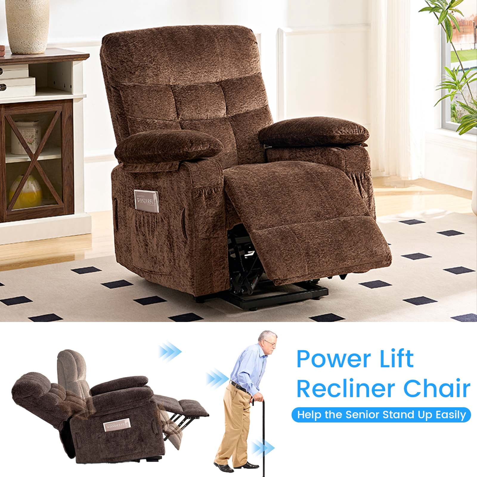 Puremind Dual Motor Power Lift Recliner Chair for Elderly, Electric Lift Recliner Single Sofa with Heating and Message for Living Room/Bedroom, Brown