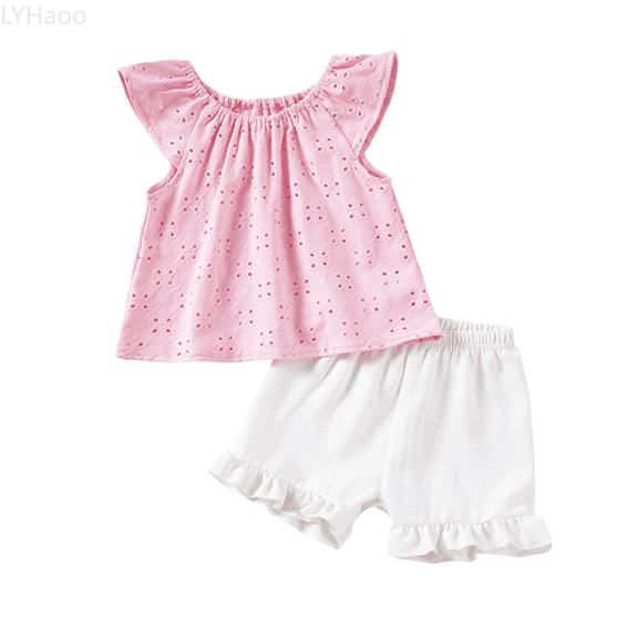 LYHaoo Clothing Sets for Girls Summer Baby Girl's Light Weight Sweet Knot Print Sleeveless Top With Ruffled Hem And Short Pants Set Sizes 3-4 Years(Pink)