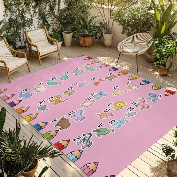 Pink Alphabet Outdoor Rug for Patio/Deck/Porch, Non-Slip Large Area Rug 5 x 8 Ft, Cartoon Colorful Animals Letter Crayon Indoor Outdoor Rugs Washable Area Rugs, Reversible Camping Rug Carpet Runner