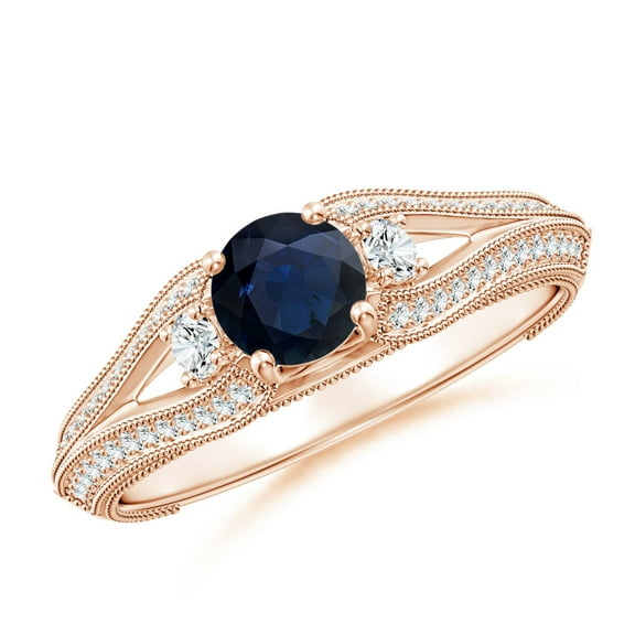 ANGARA Natural Vintage Inspired Round Sapphire & Diamond Three Stone Ring in 14K Rose Gold for Women (Size-5mm) | September Birthstone, Anniversary, Jewelry Gift for Women | Natural Sapphire Ring