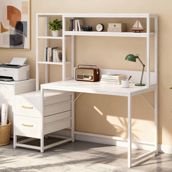 KIOOTTO 55" Computer Desk with Hutch, 2 Drawers and Side Shelves, Home Office Writing Desk, White