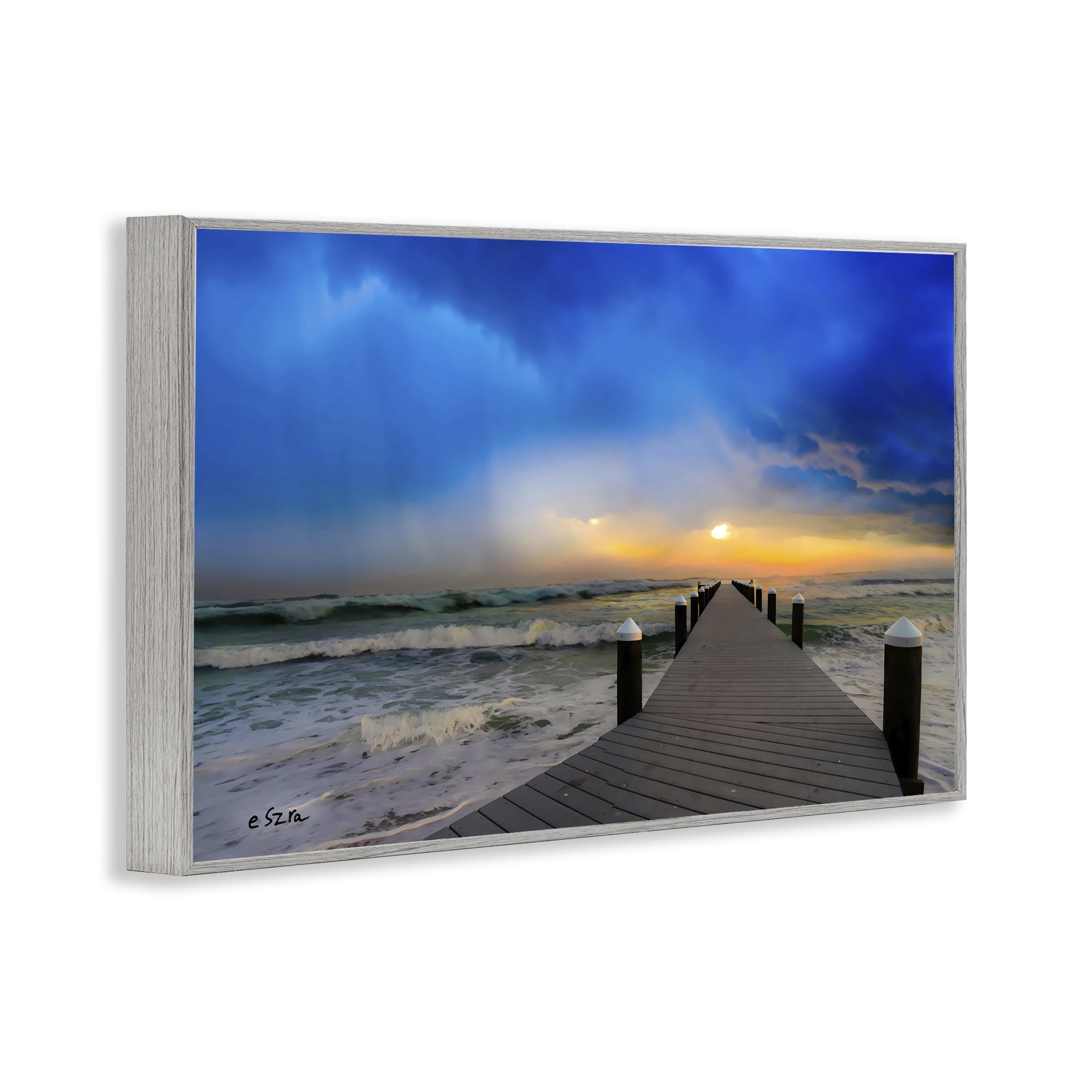 Stupell Industries Sun Breaking Over Sea Pier Gray Framed Giclee Art, design by Eszra Tanner