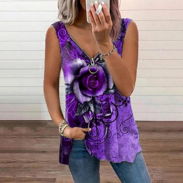 Ropa de mujer con cuello en V rosa cremallera chaleco camiseta sin mangas de mujer MABOTO Morado XXL