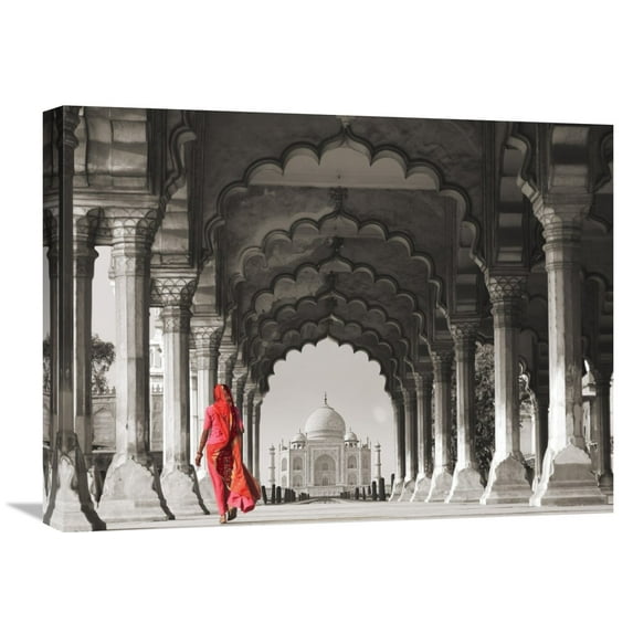 Global Gallery Pangea Images 'Woman in traditional Sari walking towards Taj Mahal (BW)' Canvas Wall Art